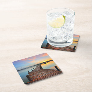 Wooden Dock Seascape in Colorful Sunset Square Paper Coaster