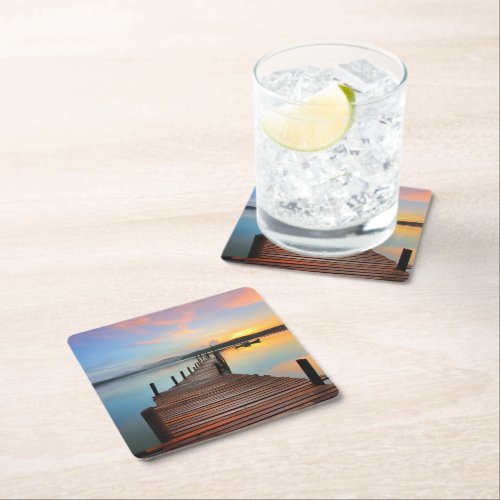 Wooden Dock Seascape in Colorful Sunset Square Paper Coaster