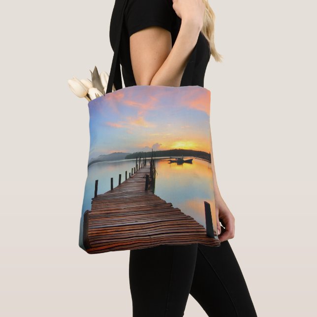 Wooden Dock Seascape in Colorful Sunset Tote Bag (Close Up)