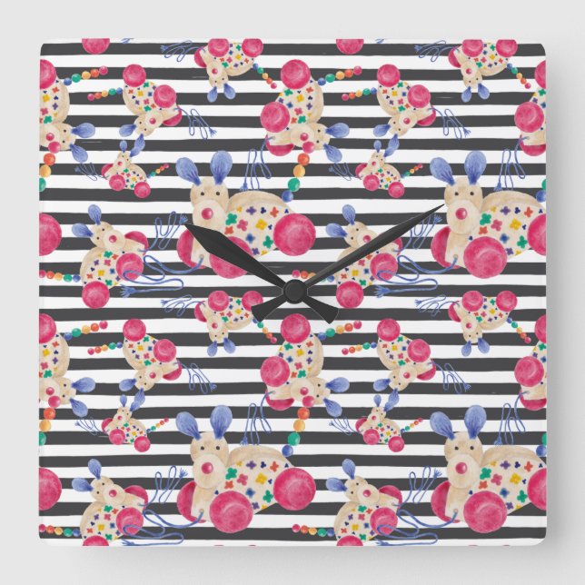 Wooden dog pull toy pattern square wall clock (Front)
