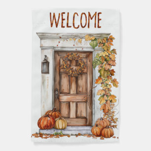 Wooden Door with Vines and Pumpkins Welcome Flag