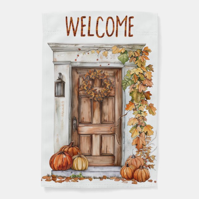 Wooden Door with Vines and Pumpkins Welcome Flag (Front)