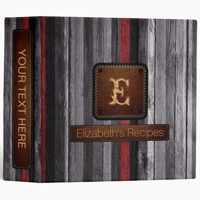 Wooden Elegant Monogram Leather Look #10 3 Ring Binder (Front/Spine)