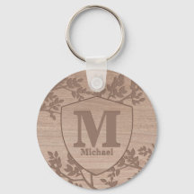 Wooden engraved leaves vintage name monogram keych