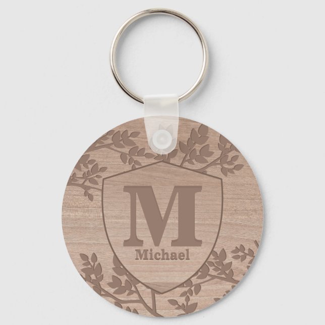 Wooden engraved leaves vintage name monogram keych keychain (Front)