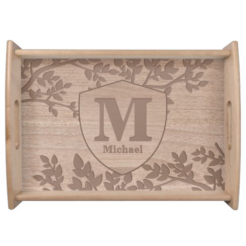 Wooden engraved leaves vintage name monogram   serving tray