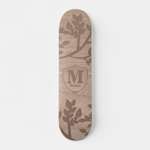 Wooden engraved leaves vintage name monogram skateboard