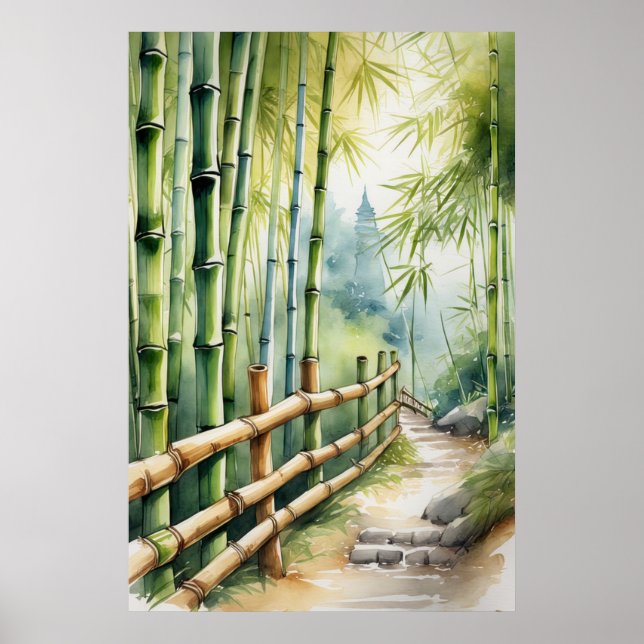 Wooden Fence Path Amidst Bamboo Poster (Front)