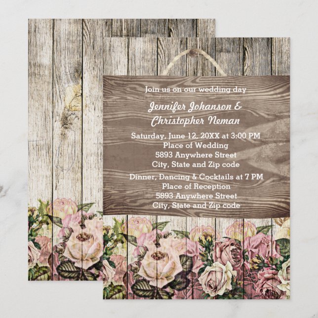 Wooden Fence with Painted Roses Wedding Invitation (Front/Back)