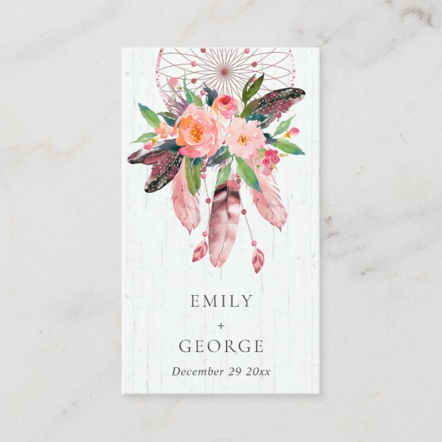 WOODEN FLORA BLUSH DREAM CATCHER WEDDING THANK YOU BUSINESS CARD (Front)