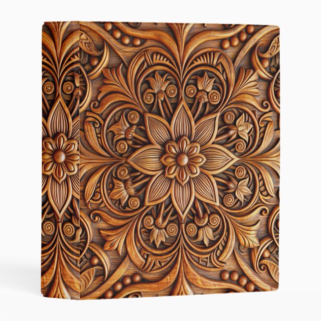Wooden Floral 3D Texture Brown Background Art Mini Binder (Front/Spine)
