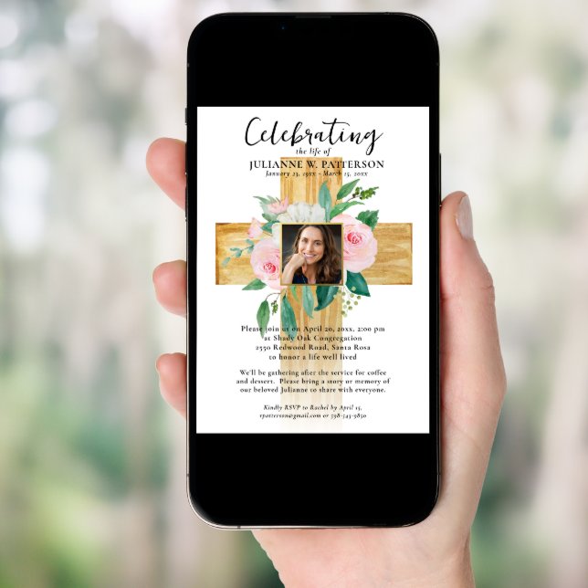 Wooden Floral Cross, Photos, Celebration of Life Invitation (Front Digital)