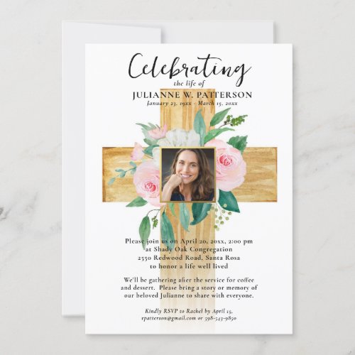 Wooden Floral Cross Photos Celebration of Life Invitation