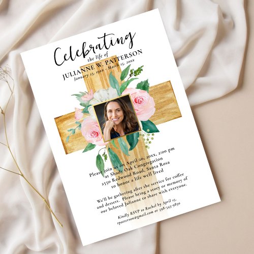 Wooden Floral Cross Photos Celebration of Life Invitation