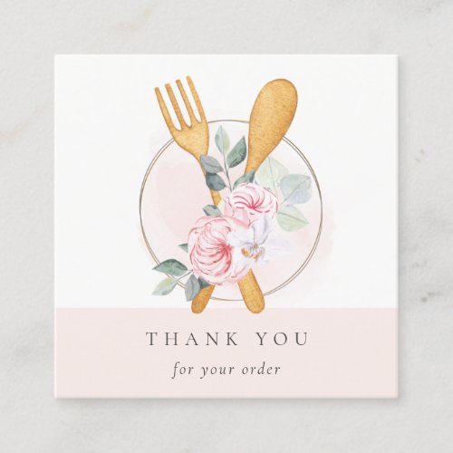 Wooden Fork Spoon Blush Floral Chef Thank You Square Business Card