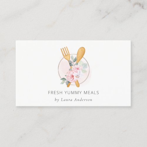 Wooden Fork Spoon Blush Pink Floral Chef Logo Business Card