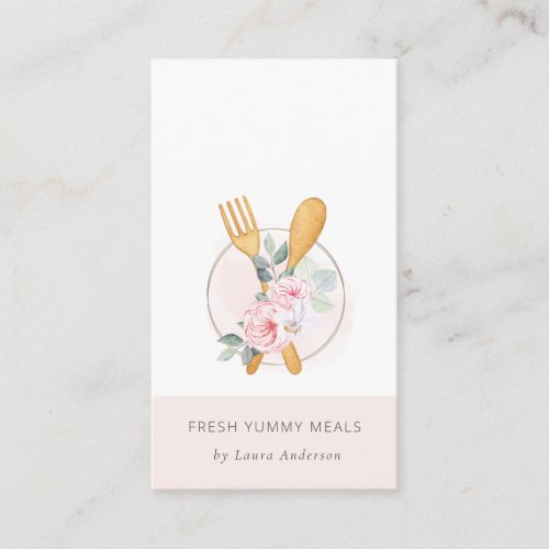 Wooden Fork Spoon Blush Pink Floral Chef Logo Business Card