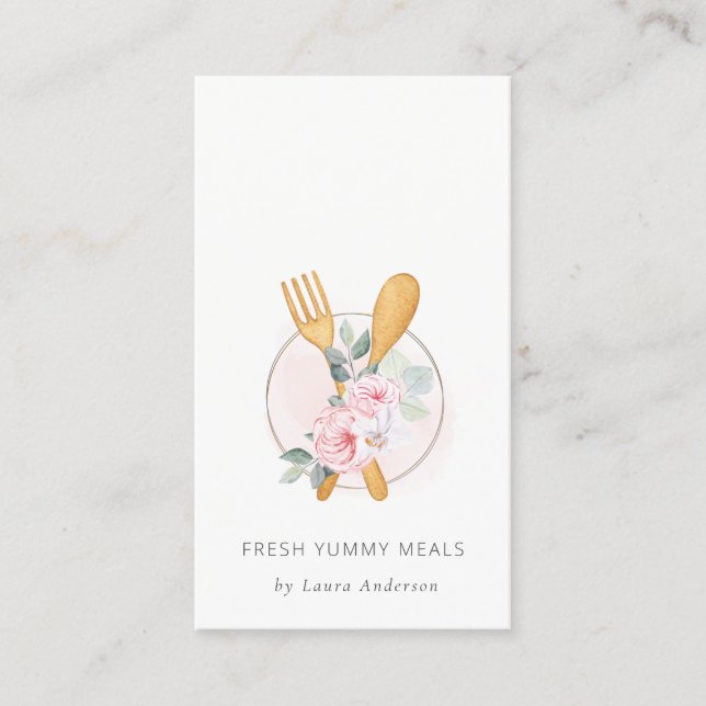 Wooden Fork Spoon Blush Pink Floral Chef Logo Business Card (Front)