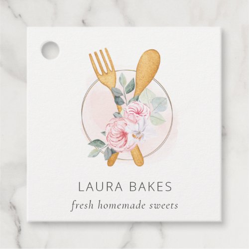 Wooden Fork Spoon Blush Pink Floral Chef Logo Favor Tags