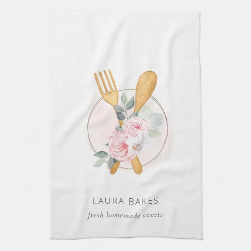 Wooden Fork Spoon Blush Pink Floral Chef Logo Kitchen Towel