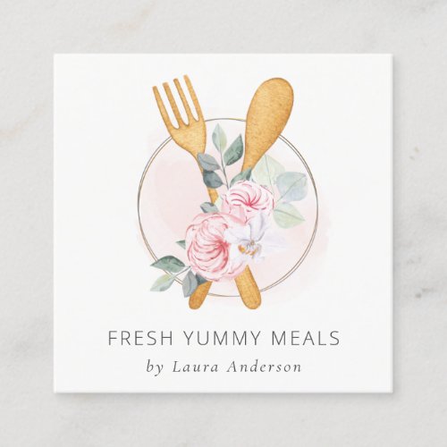 Wooden Fork Spoon Blush Pink Floral Chef Logo  Square Business Card