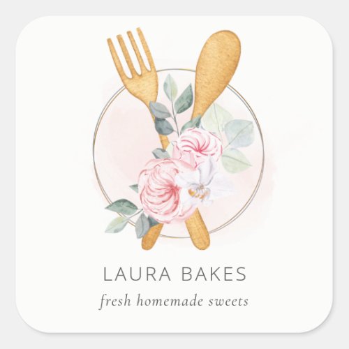 Wooden Fork Spoon Blush Pink Floral Chef Logo Square Sticker