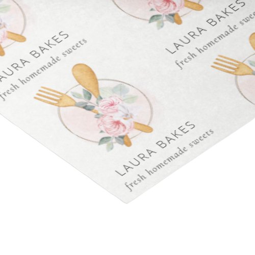 Wooden Fork Spoon Blush Pink Floral Chef Logo Tissue Paper