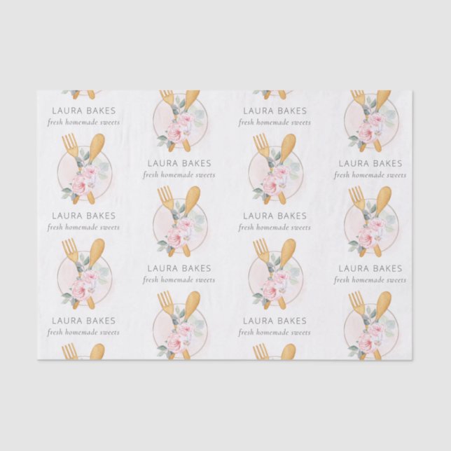 Wooden Fork Spoon Blush Pink Floral Chef Logo Tissue Paper (Front)