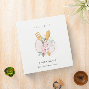 Wooden Fork Spoon Blush Pink Floral Chef Recipe 3 Ring Binder