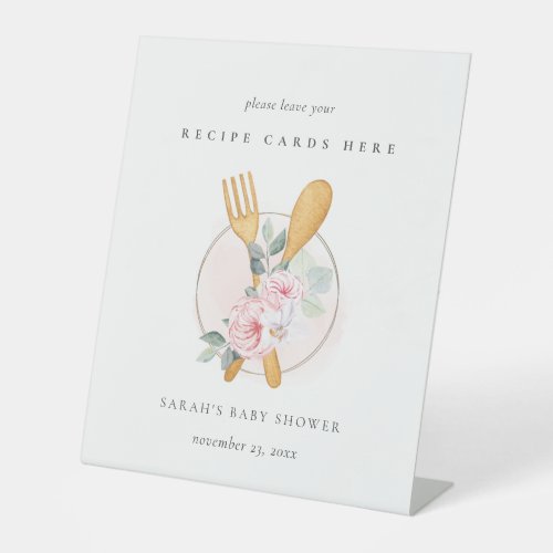 Wooden Fork Spoon Floral Recipe Card Baby Shower Pedestal Sign