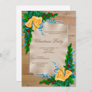 Wooden Framed Corner Bells & Ribbon Christmas Invitation