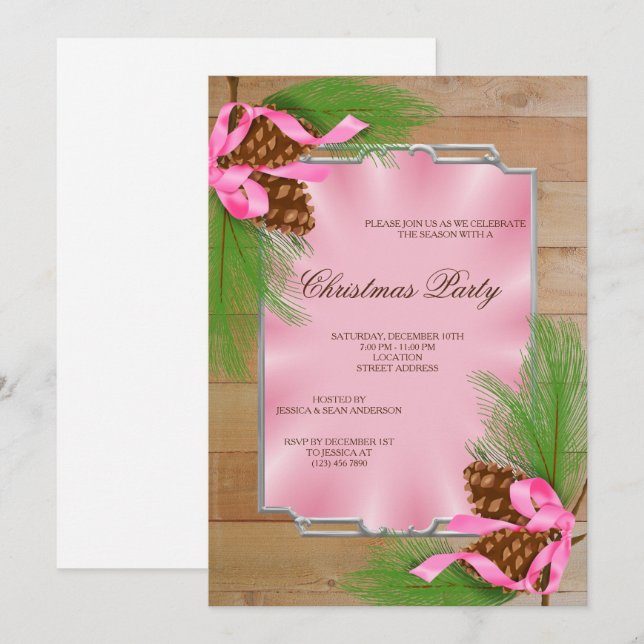 Wooden Framed Corner Pine Cones & Ribbon Christmas Invitation (Front/Back)