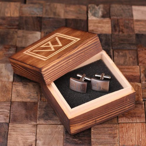 Wooden Gift Box Set w Engraved Monogram Cufflinks