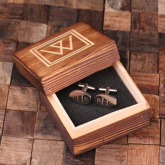 Wooden Gift Box Set with Engraved Oval Cufflinks (Front)