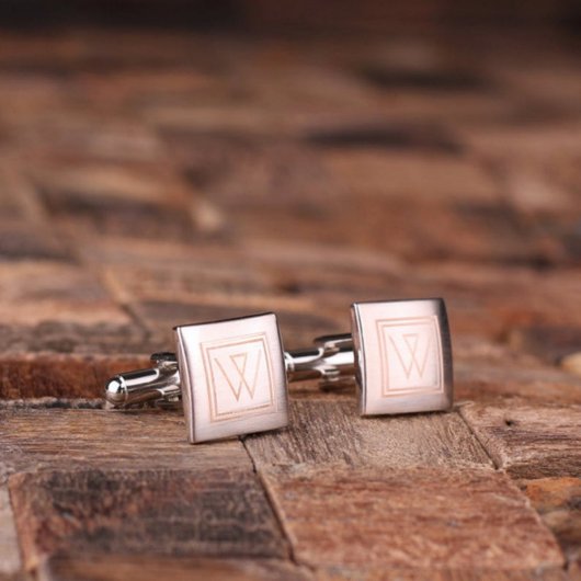 Wooden Gift Box Set with Monogram Square Cufflinks (Front)