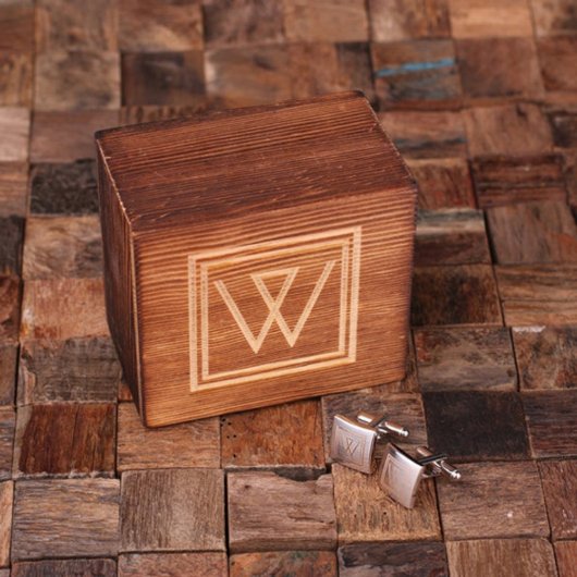 Wooden Gift Box Set with Monogram Square Cufflinks (Front)