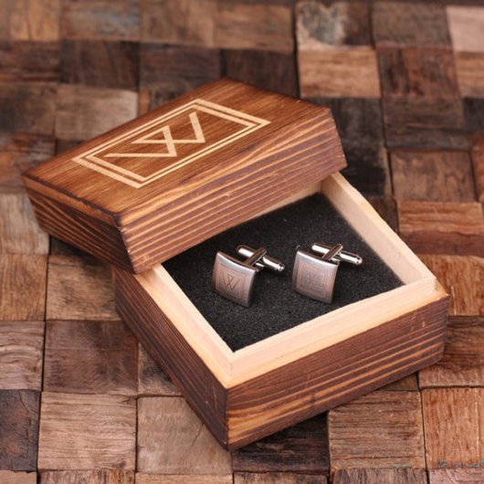 Wooden Gift Box Set with Monogram Square Cufflinks (Top)