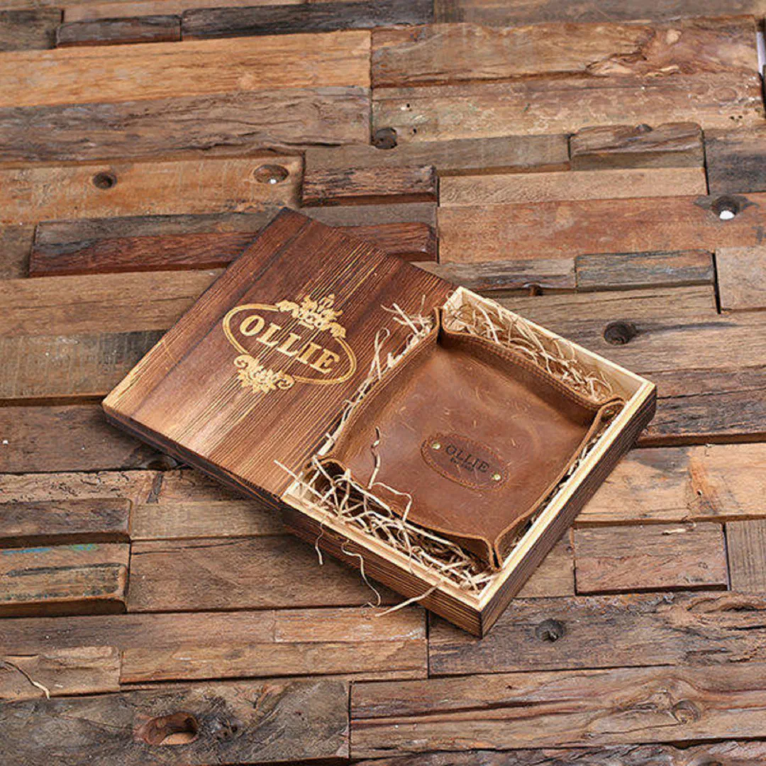 Wooden Gift Box With Engraved Leather Valet Tray (Top)