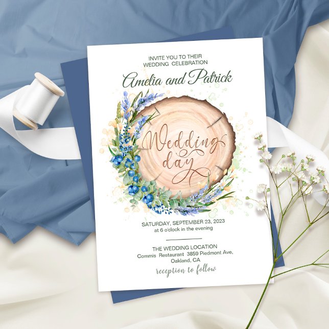 Wooden Grain Circle Blueberry Lavender Wedding Invitation (Creator Uploaded)