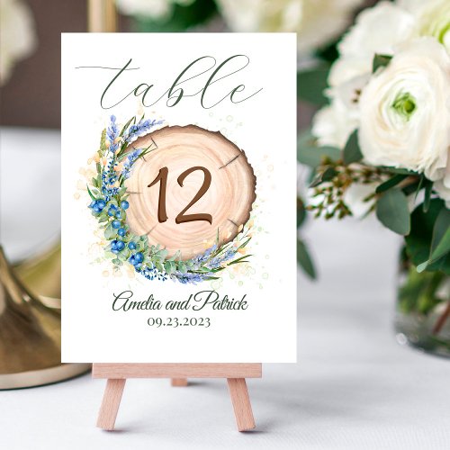 Wooden Grain Circle Blueberry Lavender Wedding Table Number