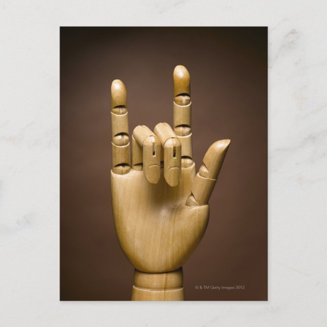 Wooden hand index and small finger extended, postcard (Front)