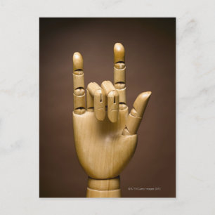 Wooden hand index and small finger extended, postcard