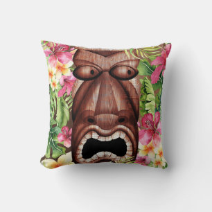 Wooden Hawaiian Tiki Luau Island Summer Floral Throw Pillow
