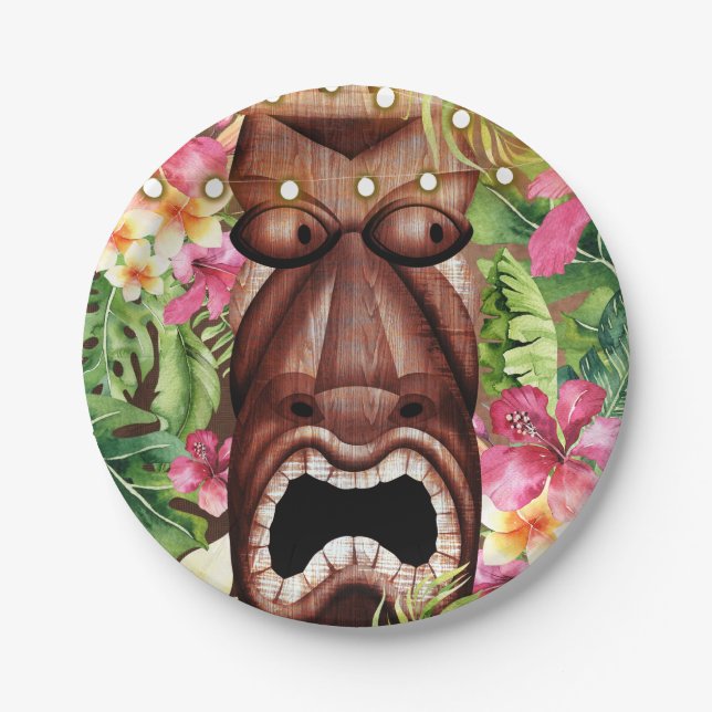 Wooden Hawaiian Tiki Luau Summer Birthday Party Paper Plates (Front)