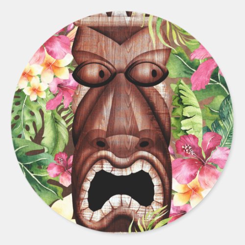 Wooden Hawaiian Tiki Luau Summer Party Favor Classic Round Sticker