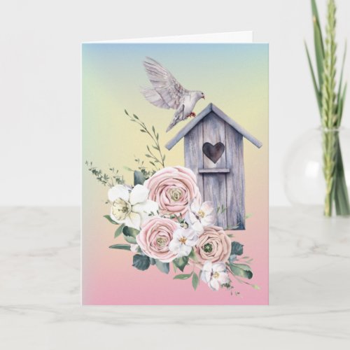 Wooden Heart Birdhouse Pink Floral Easter Card 