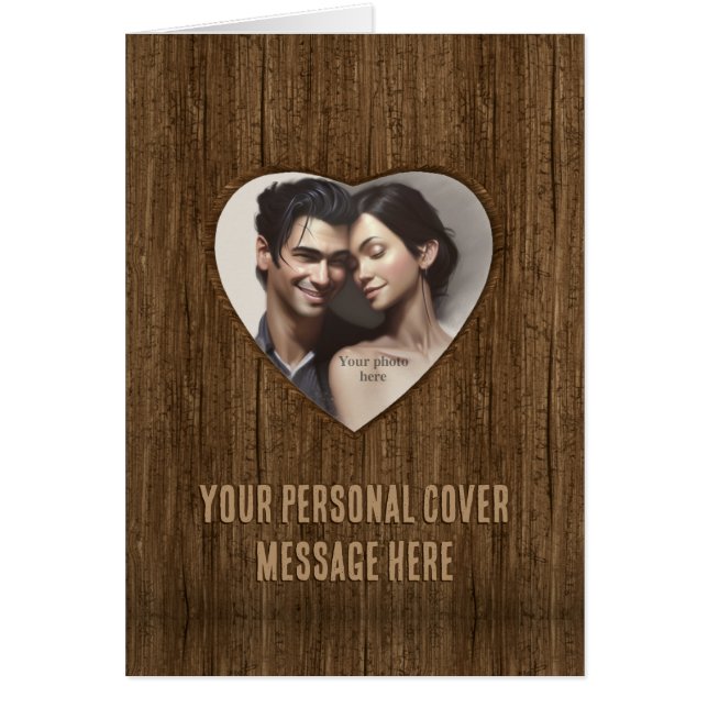 Wooden Heart Shape - Romantic Custom Photo Card  (Front)