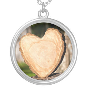 wooden heart silver plated necklace