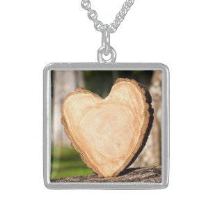wooden heart sterling silver necklace