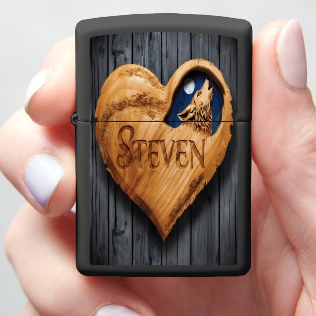 Wooden Heart With Howling Wolf Zippo Lighter (In Hand)
